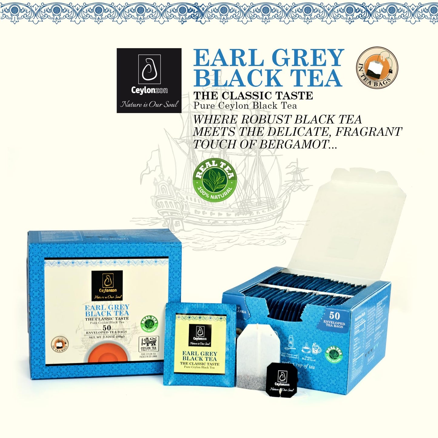 Ceylonzon Earl Grey Black Tea Classic Taste 50 Individually Foil-Wrapped Tea Bags, Infused with Pure Bergamot for a Bold, Aromatic Flavor