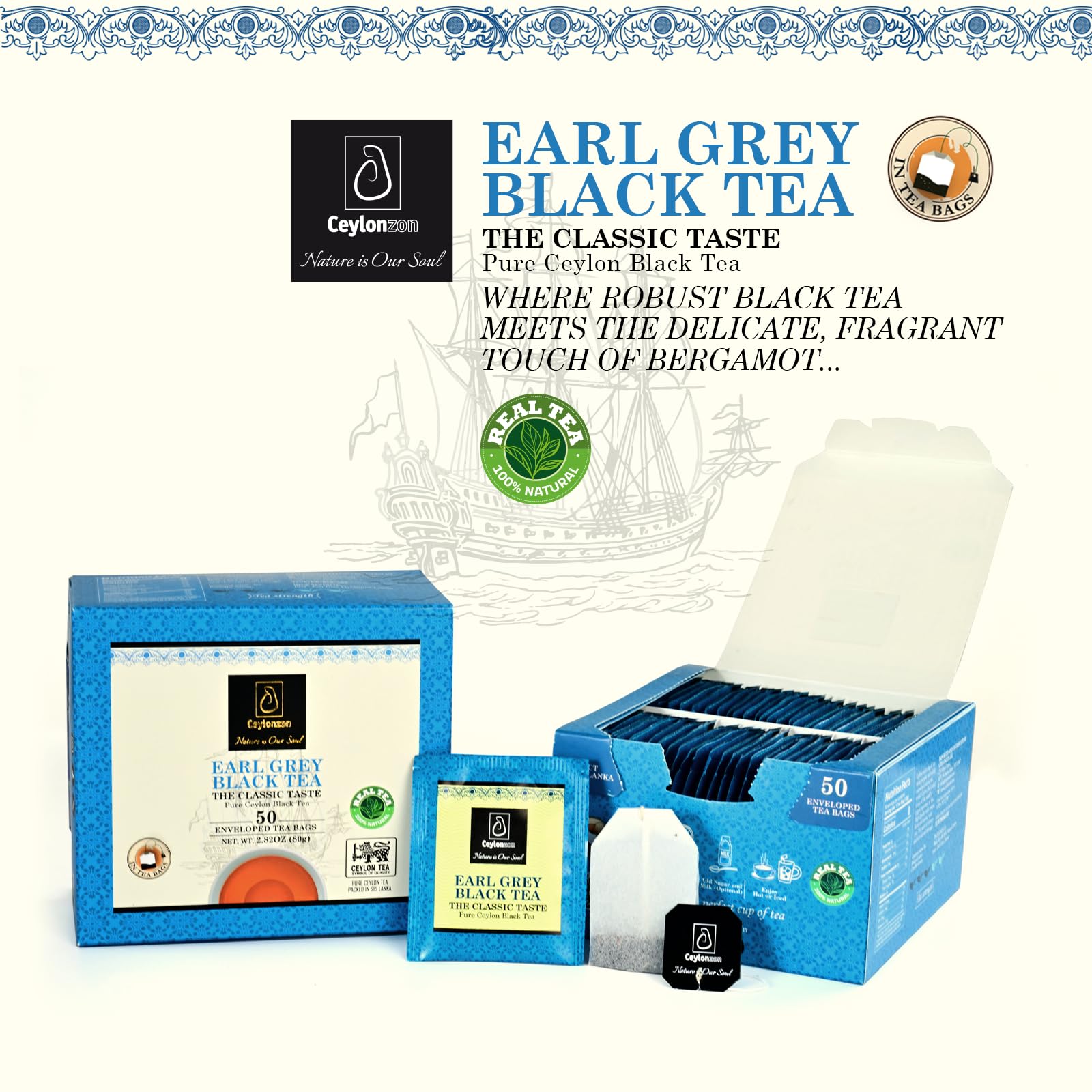 Ceylonzon Earl Grey Black Tea Classic Taste 50 Individually Foil-Wrapped Tea Bags, Infused with Pure Bergamot for a Bold, Aromatic Flavor