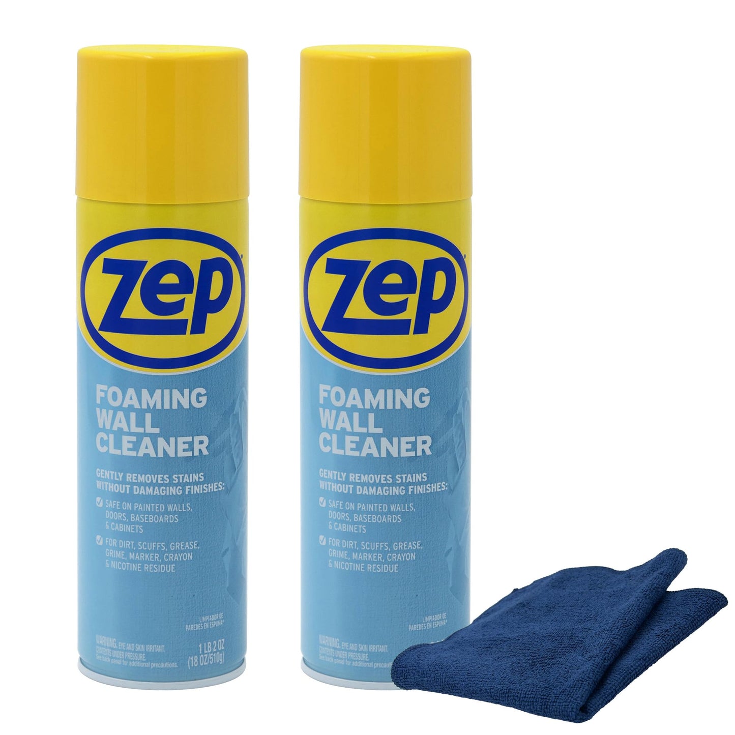 Zep Foaming Wall Cleaner 18 oz (2 Units) and a Blue Microfiber Rag ECBD026-2-Pack Paint-Safe Cleaner for Wall Scuffs Marks and Grease with a Reusable