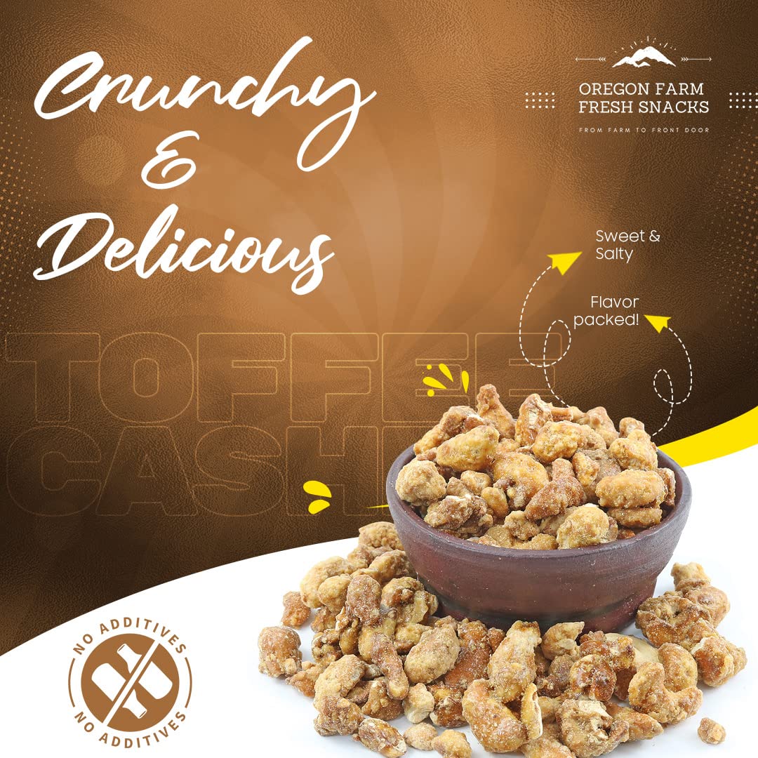 Oregon Farm Fresh Snacks Butter Toffee Cashews - Butter Toffee Coated Cashew Nuts - Delicious and Sweet Nut Snacks - Crunchy Cashew Nut Snack Packs