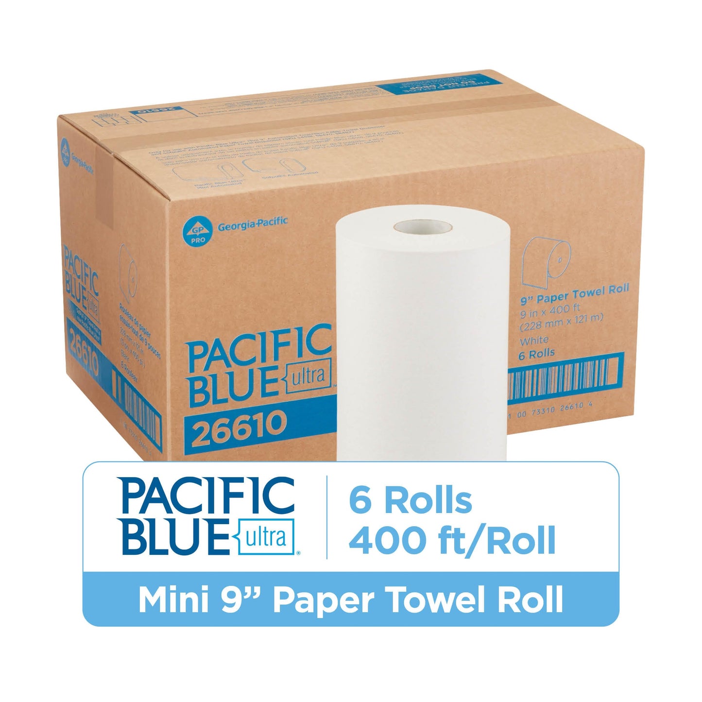 Georgia-Pacific, Pacific Blue Ultra, 9" Paper Towel Rolls (26610), White, 6 Rolls per Case, 400' per Roll