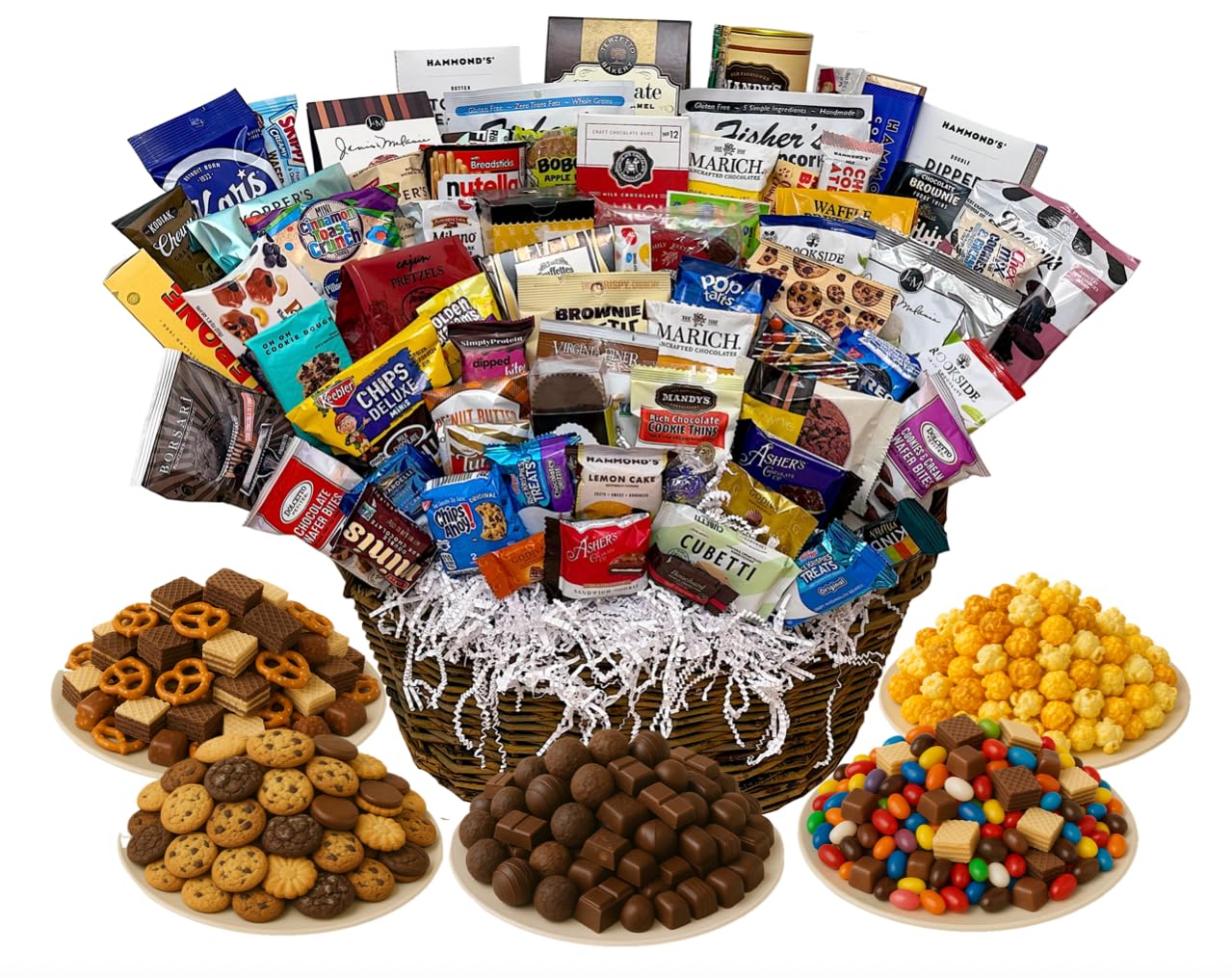 Customizable Gift Basket stuffed with chocolates cookies snacks and candies by MISTERGIFTBASKET.COM Hand-crafted for women men client sympathy