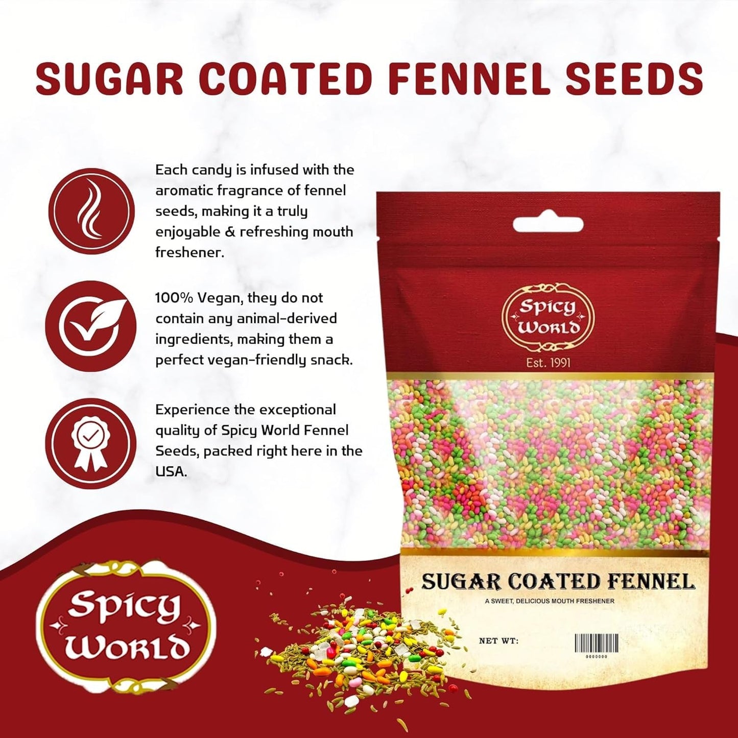 Spicy World Sugar Coated Fennel Seeds | Sweet Saunf Candy for Mouth Freshening - 7 Oz (200g) Pack | Premium Quality Fennel Mouth Freshener | Indian
