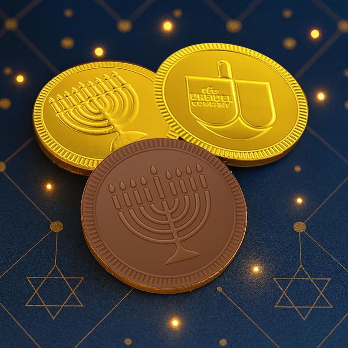 The Dreidel Company Hanukkah Chocolate Gelt, 576-Pack Mesh Bags of Milk Chocolate Coins, Kosher Certified Dairy, Dreidel and Menorah Design Chanukah