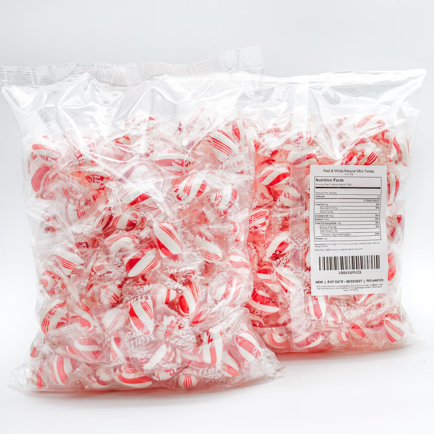 Peppermint Candy Bulk 1 lb - Red and White Mints Twists, Individually Wrapped, Natural, Gluten Free, Vegan Friendly