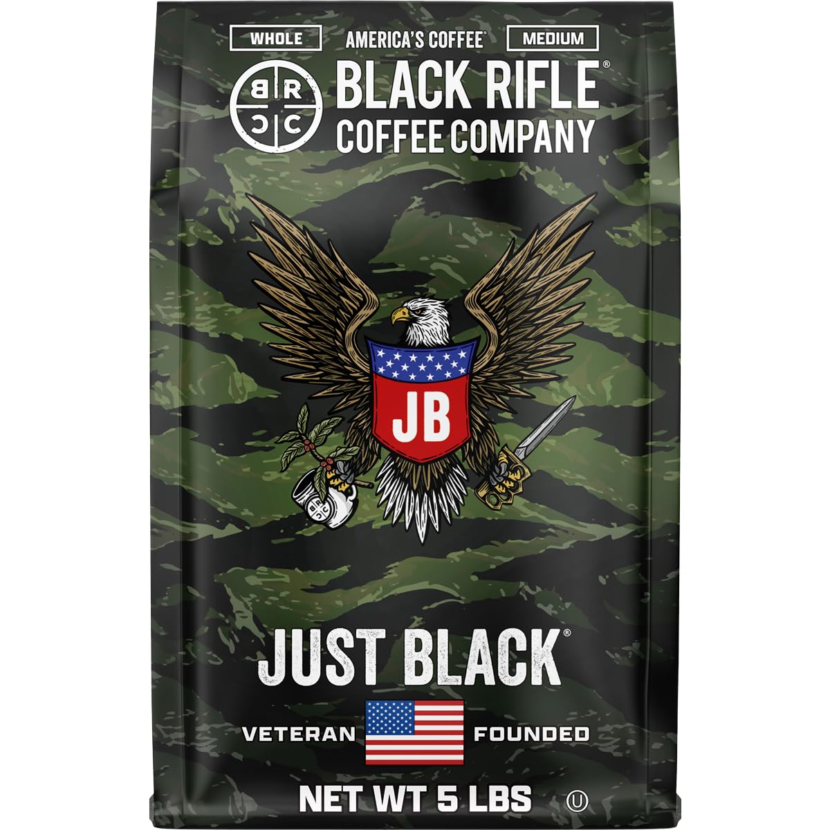 Black Rifle Coffee Company Just Black, 5 lb Bag, Whole Bean Coffee Medium Roast - Roasted Blend Made from Arabica Beans - Colombian & Brazilian Beans
