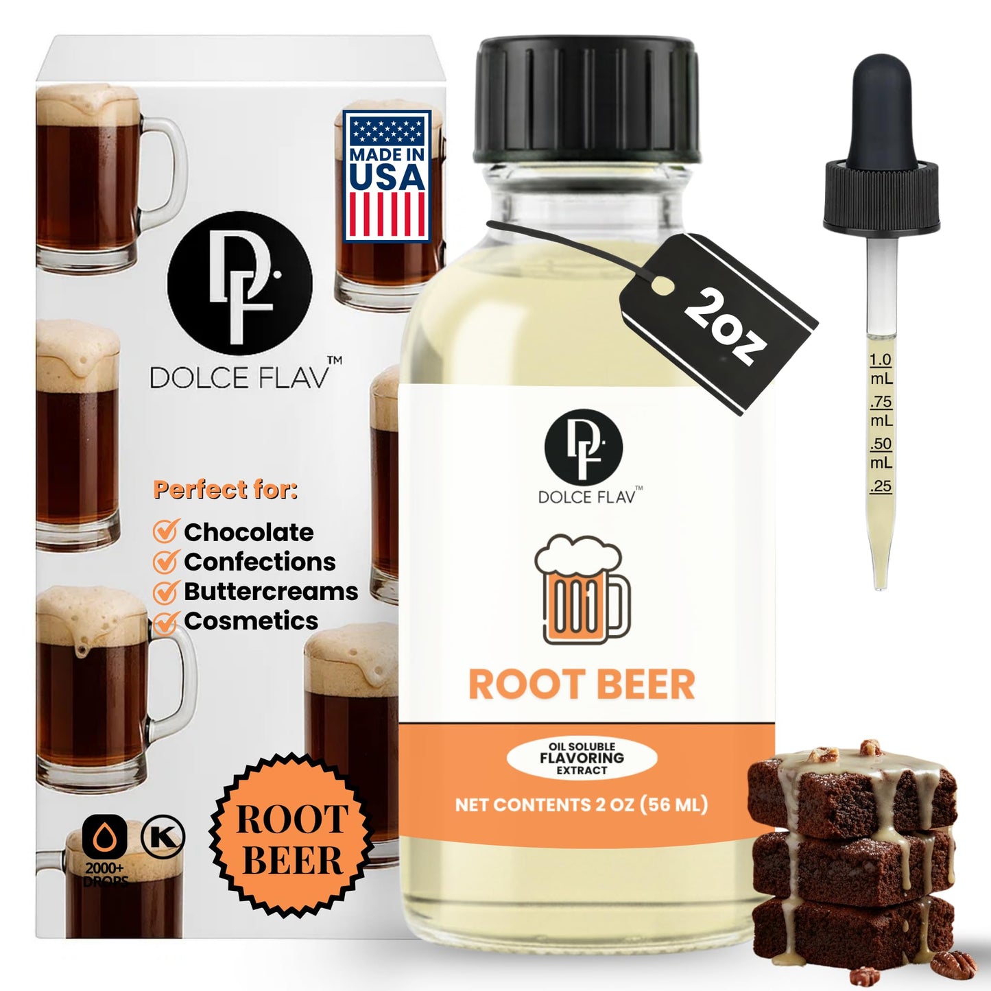 Dolce Flav Root Beer Extract - 2 Ounce Oil-Soluble Kosher, Sugar-Free, Concentrated Classic Root Beer Flavoring for Baking, Chocolates & Desserts