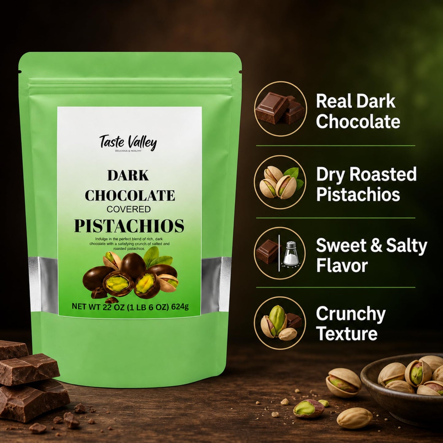 Taste Valley Dark Chocolate Covered Pistachios - 22 oz | Dry Roasted Sea Salted | Sweet & Salty Gourmet Snack | No Artificial Flavors | Gluten Free |