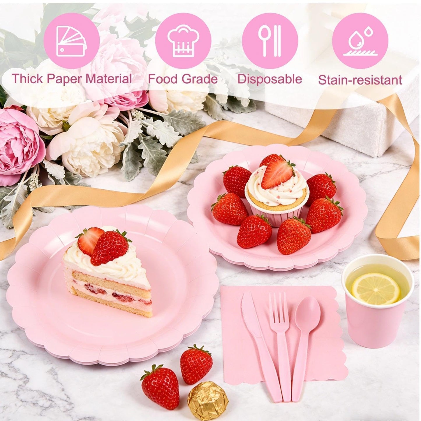Zoonlinpp 112 PCS Pink Disposable Paper Plates Set Party Supplies Include 7'' Dessert and 9'' Dinner Plates, Napkins, Cups, Knives, Forks, Spoons