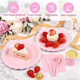 Zoonlinpp 112 PCS Pink Disposable Paper Plates Set Party Supplies Include 7'' Dessert and 9'' Dinner Plates, Napkins, Cups, Knives, Forks, Spoons