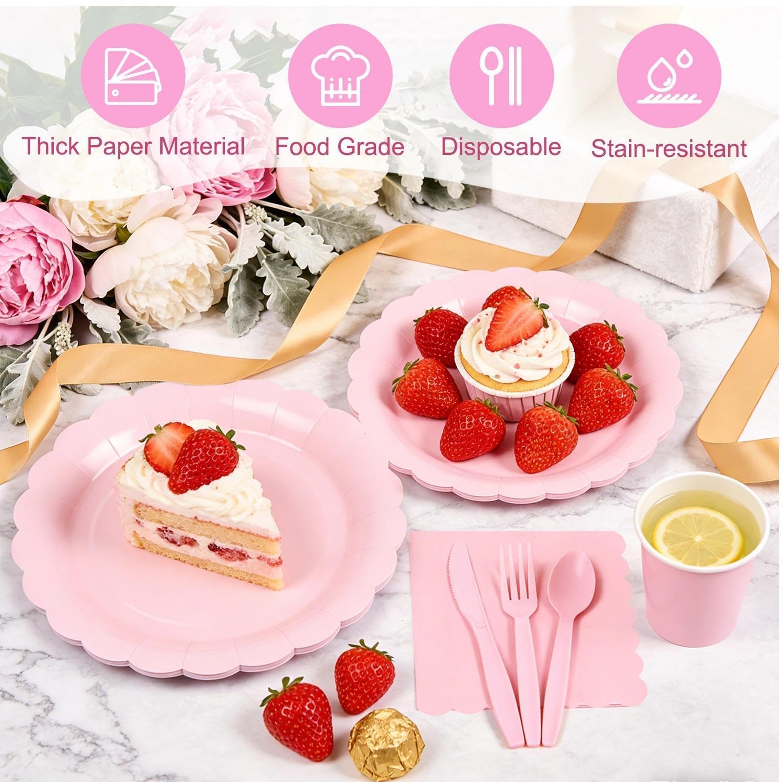 Zoonlinpp 112 PCS Pink Disposable Paper Plates Set Party Supplies Include 7'' Dessert and 9'' Dinner Plates, Napkins, Cups, Knives, Forks, Spoons
