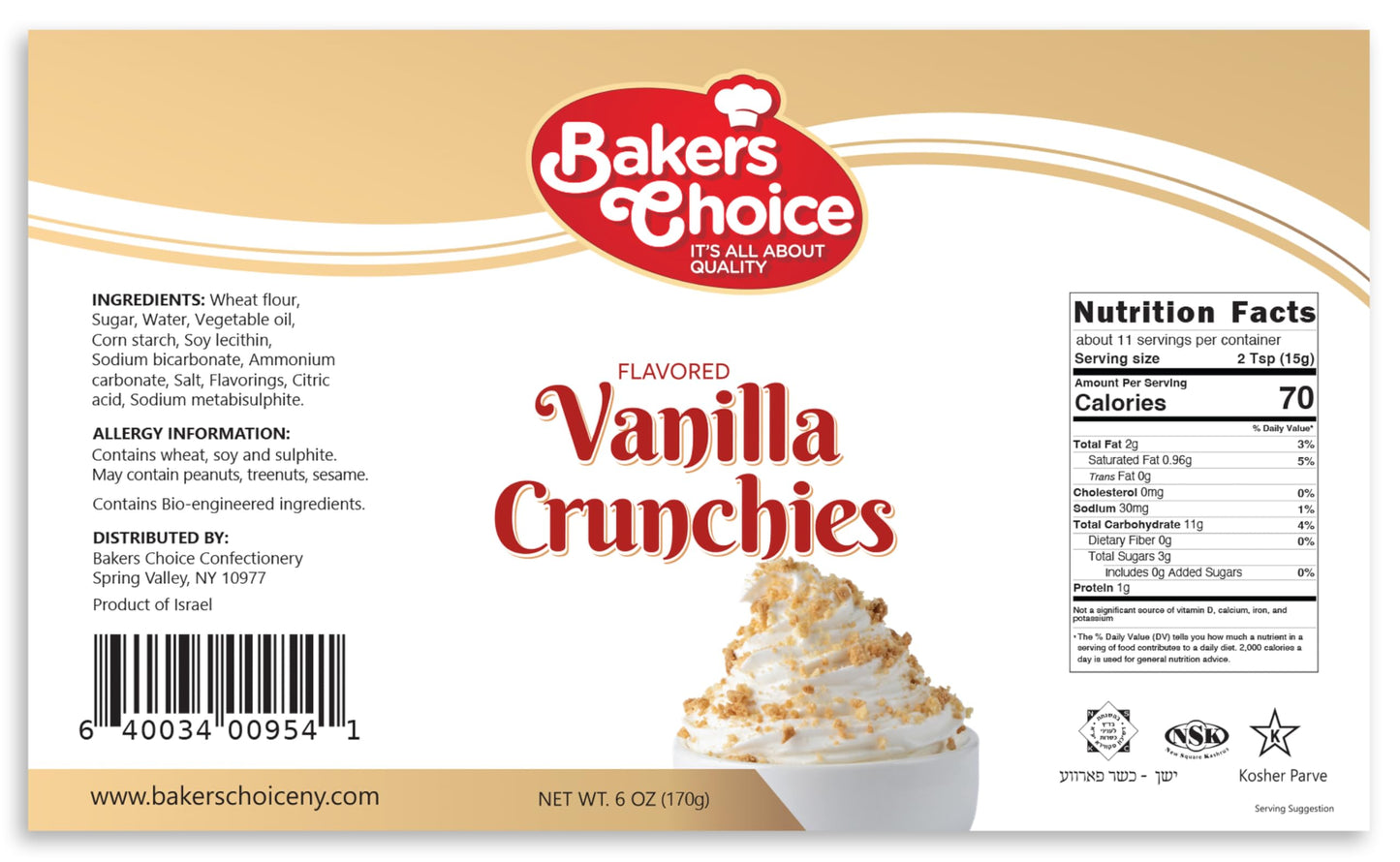 Vanilla Crunch Topping - Crunchy Vanilla Sprinkles for Ice Cream Sundae Toppings - 6 Ounce Dairy Free, Kosher Bakers Choice