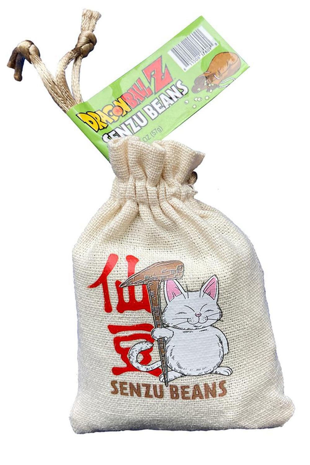 Boston America Dragonball Z Senzu Beans Candy 1 Collectible Korin Drawstring Bag Sour Green Apple Flavored Candy Green, Brown 2 Ounce (Pack of 1)