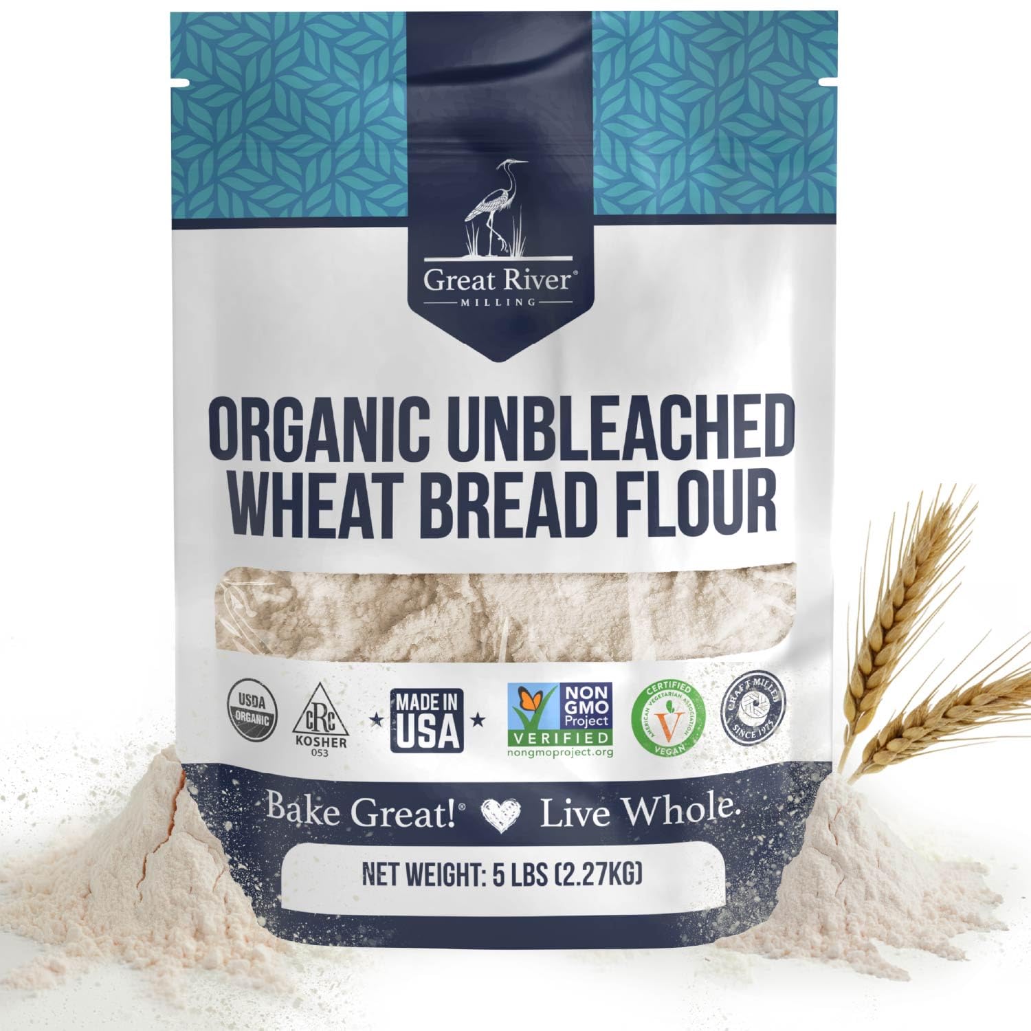 Great River Milling Organic Unbleached Wheat Bread Flour | Artisan Bread Flour for Baking | Multi-Purpose Wheat, Unbromated, Non-GMO, Kosher | 5 Lb