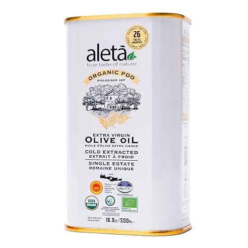 Aleta Farms Olive Oil Extra Virgin, USDA Organic, Single Estate PDO Polyphenol Rich Olive Oil, Cold Pressed, Global Gold Awards, EVOO, Kosher. 16.9 Fl