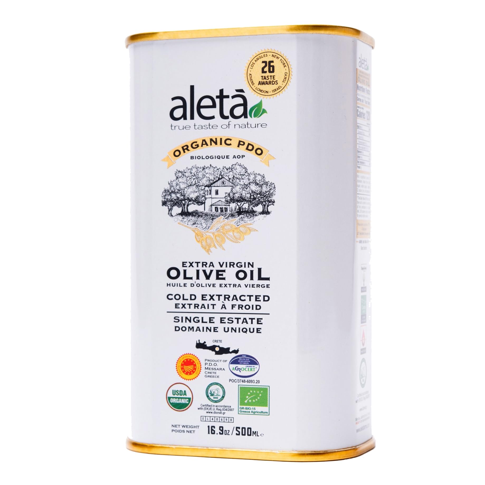Aleta Farms Olive Oil Extra Virgin, USDA Organic, Single Estate PDO Polyphenol Rich Olive Oil, Cold Pressed, Global Gold Awards, EVOO, Kosher. 16.9 Fl