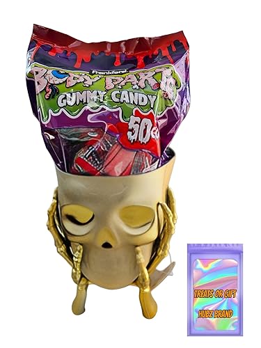 Skull in Hands Snack Bowl with Assorted Halloween Gummy Body Parts, 50 Pieces (Gold Skull)