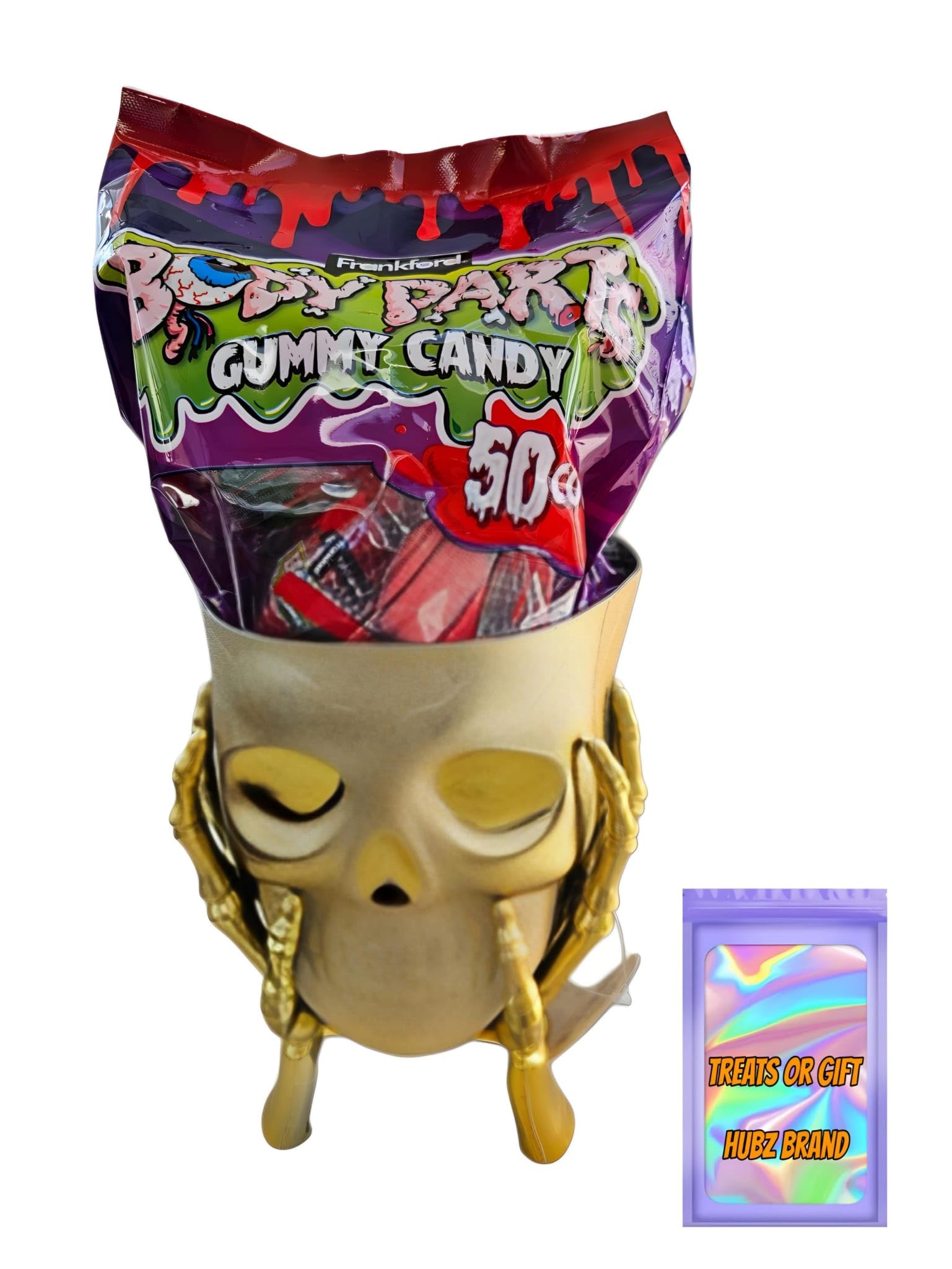 Skull in Hands Snack Bowl with Assorted Halloween Gummy Body Parts, 50 Pieces (Gold Skull)
