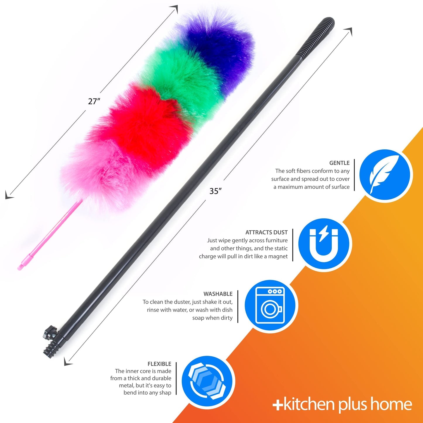Kitchen + Home Large 27" Inch Static Duster with Bonus 35" Inch Extension Pole - Electrostatic Feather Duster attracts dust Like a Magnet! - Assorted