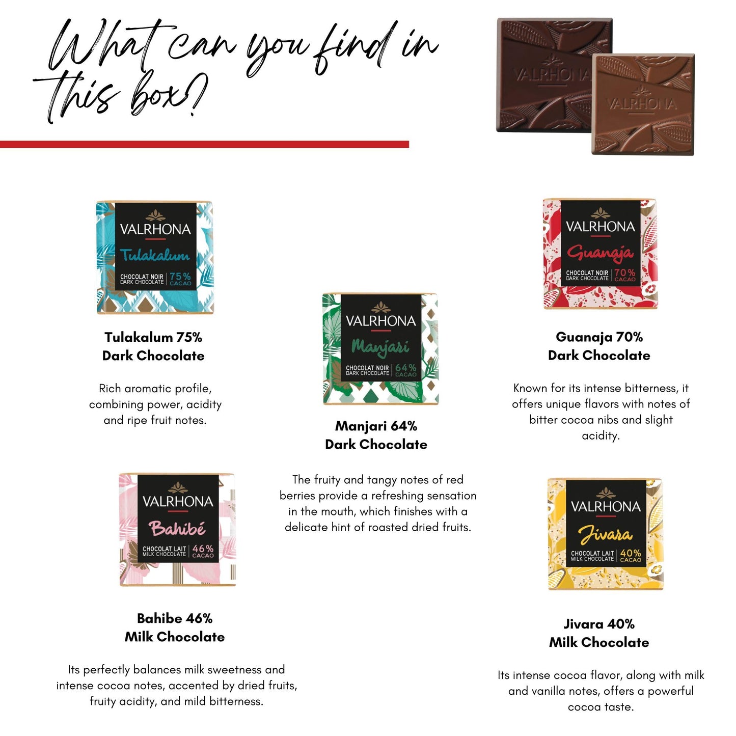 Valrhona Gourmet Assorted Chocolate Gift Box, 50 Dark & Milk French Chocolate squares - Tulakalum 75%, Guanaja 70%, Manjari 64%, Bahibé 46% and Jivara