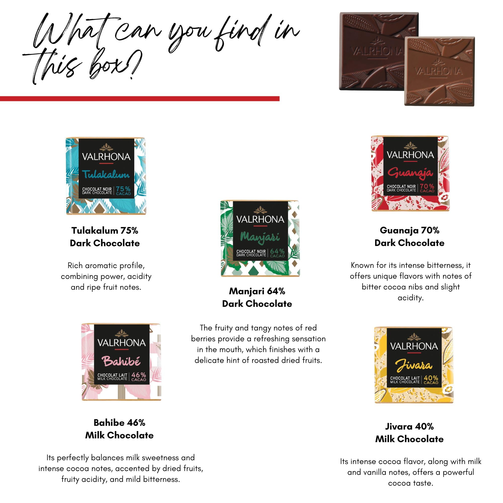 Valrhona Gourmet Assorted Chocolate Gift Box, 50 Dark & Milk French Chocolate squares - Tulakalum 75%, Guanaja 70%, Manjari 64%, Bahibé 46% and Jivara