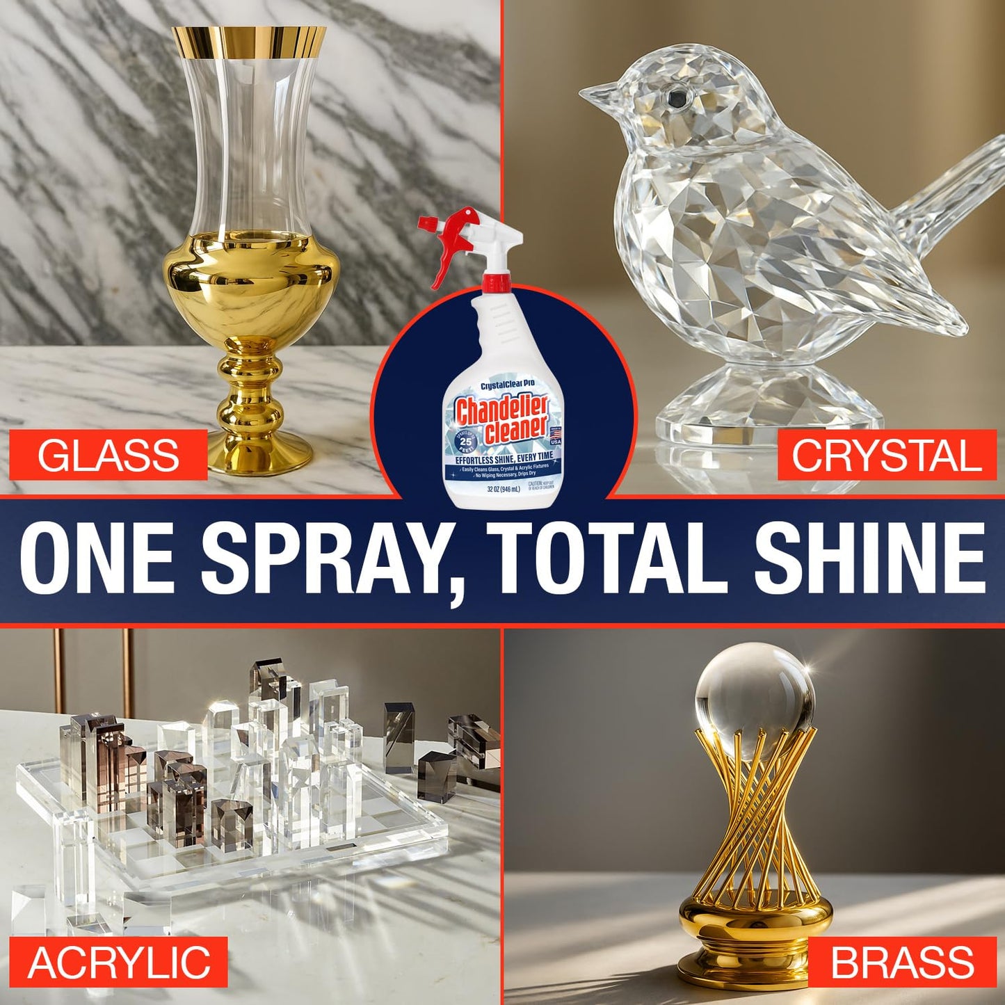 Chandelier Cleaner Spray, 32 oz - No Wipe Drip Dry Crystal Chandelier Cleaner for Glass, Crystal & Acrylic Light Fixtures, Streak-Free Shine, Sprays