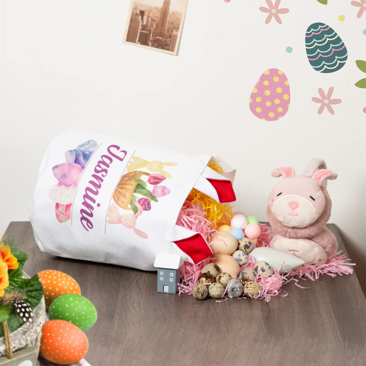 JewelOra Personalized Easter Bunny Basket Bags, Cotton Customized Name Candy Egg Basket Rabbit Print Buckets Cute Easter Basket Toys Bucket Tote Gift