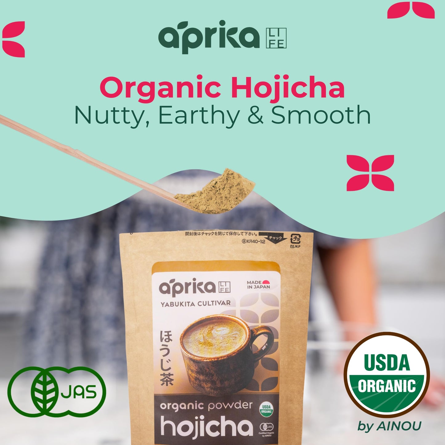 AprikaLife Organic Hojicha Green Tea Powder, USDA & JAS Roasted Green Tea from Japan, Authentic Japanese Houjicha Perfect for Lattes, Smoothies
