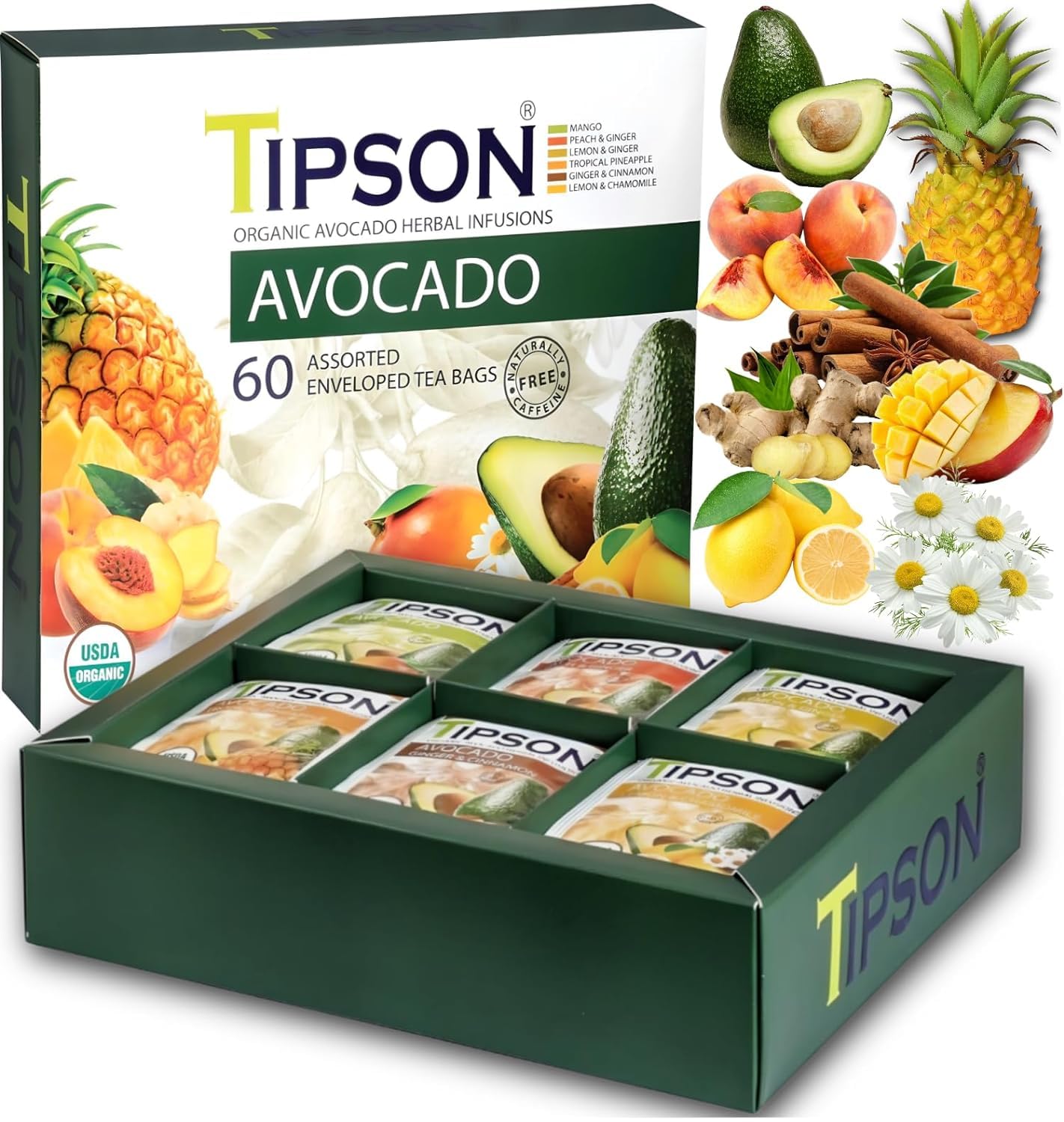 Tipson Organic Avocado Variety Sampler - 6 Flavors (60 Tea Bags), Herbal Tea Infusions - USDA Organic, Non GMO, and Gluten Free