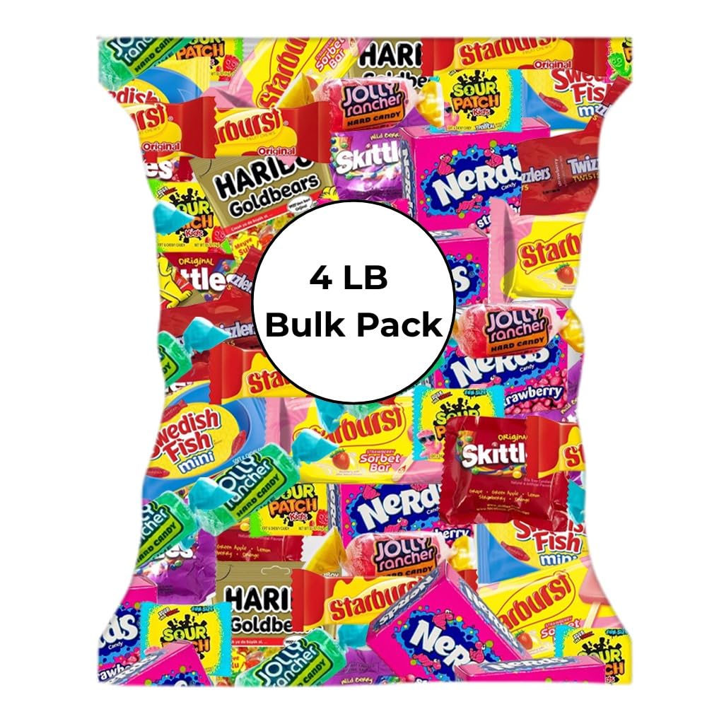 Christmas Candy Individually Wrapped Treats - 4LB Holiday Bulk Assorted Variety Pack - Party Favor Bags - Full-Size Bars - Stocking Stuffer Mix