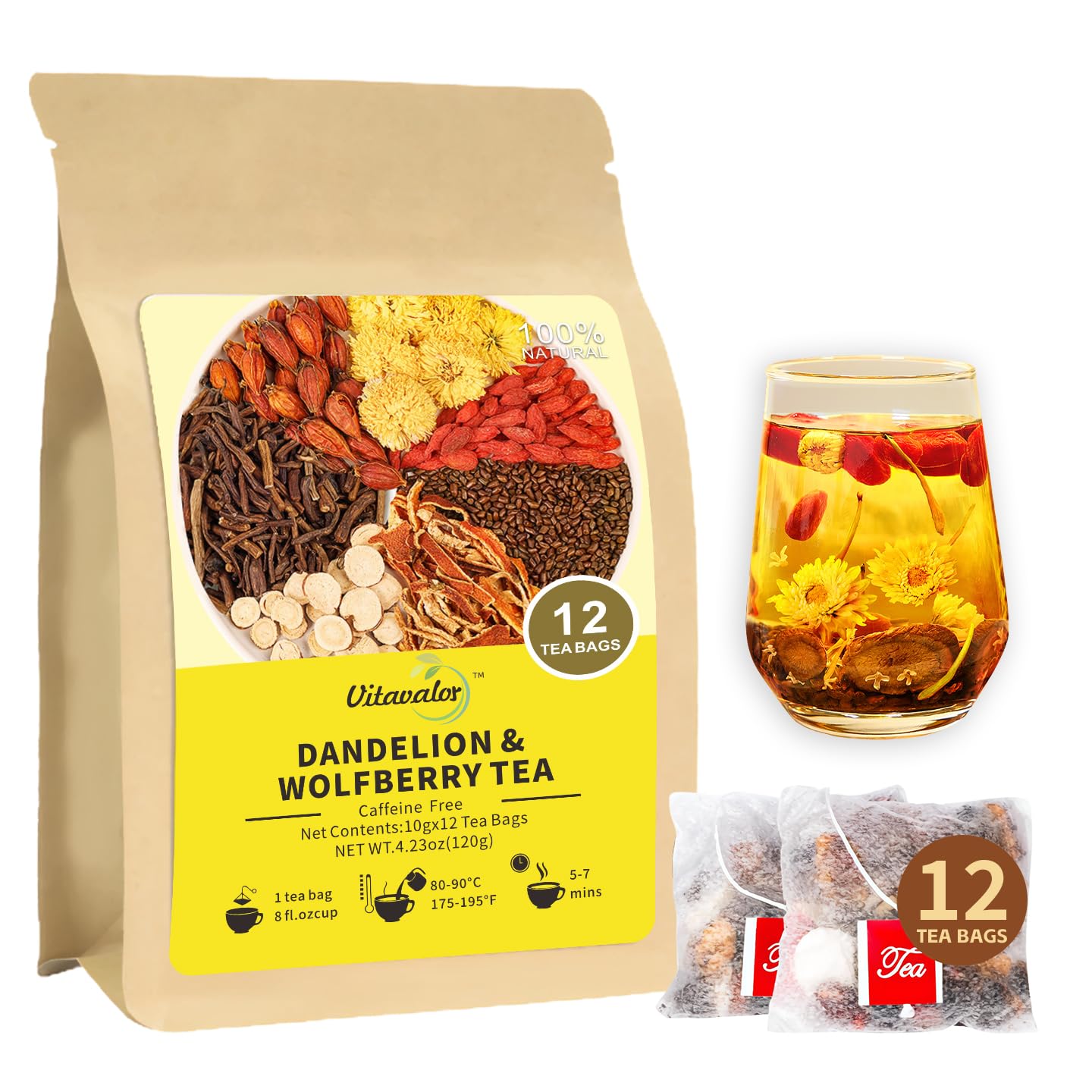 Vitavalor Natural Kidney & Liver Health Tea with Dandelion, Chrysanthemum, Wolfberry, Cassia Seed, Orange Peel, Gardenia, and Licorice in Bags?12 Bags