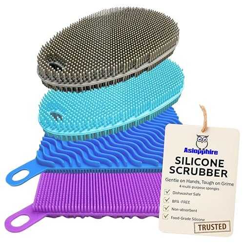 Asiopphire Silicone Sponges for Dishes - 4 Pack Dual-Sided Dish Scrubber - Food Grade, BPA Free Silicone Sponge & Housecleaning