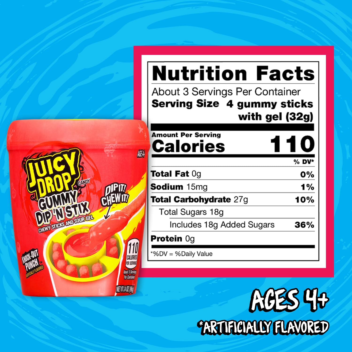 Juicy Drop Gummy Dip 'N Stix - 8 Ct Sweet Gummy Candy & Sour Candy Variety Pack - Assorted Bulk Candy Sticks for Kids Party Favors, Goodie Bag