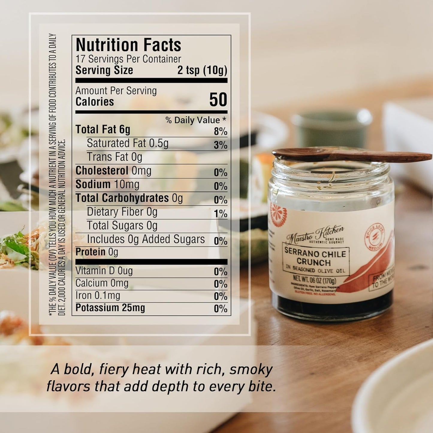 MAESTRO KITCHEN Serrano and Jalapeno Chile Crunch in 100% Olive Oil | Artisan Chili Crisp spicy topping for Thai, Seasoning, Eggs, Taco, Pasta, Snacks
