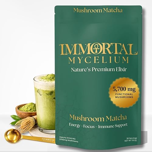 Immortal Mycelium Mushroom Matcha Drink Mix - Ceremonial Grade Matcha with Lion’s Mane, Cordyceps & Chaga - Creamy Adaptogenic Green Tea Latte - 15