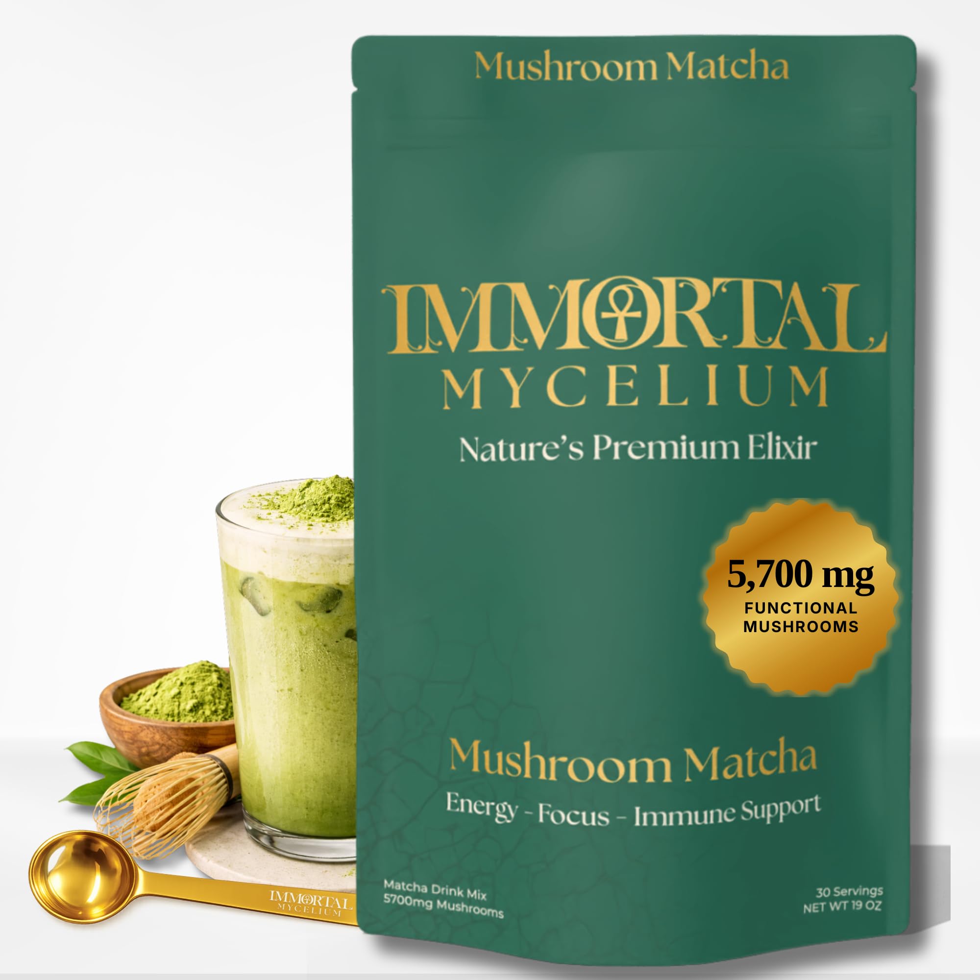 Immortal Mycelium Mushroom Matcha Drink Mix - Ceremonial Grade Matcha with Lion’s Mane, Cordyceps & Chaga - Creamy Adaptogenic Green Tea Latte - 15