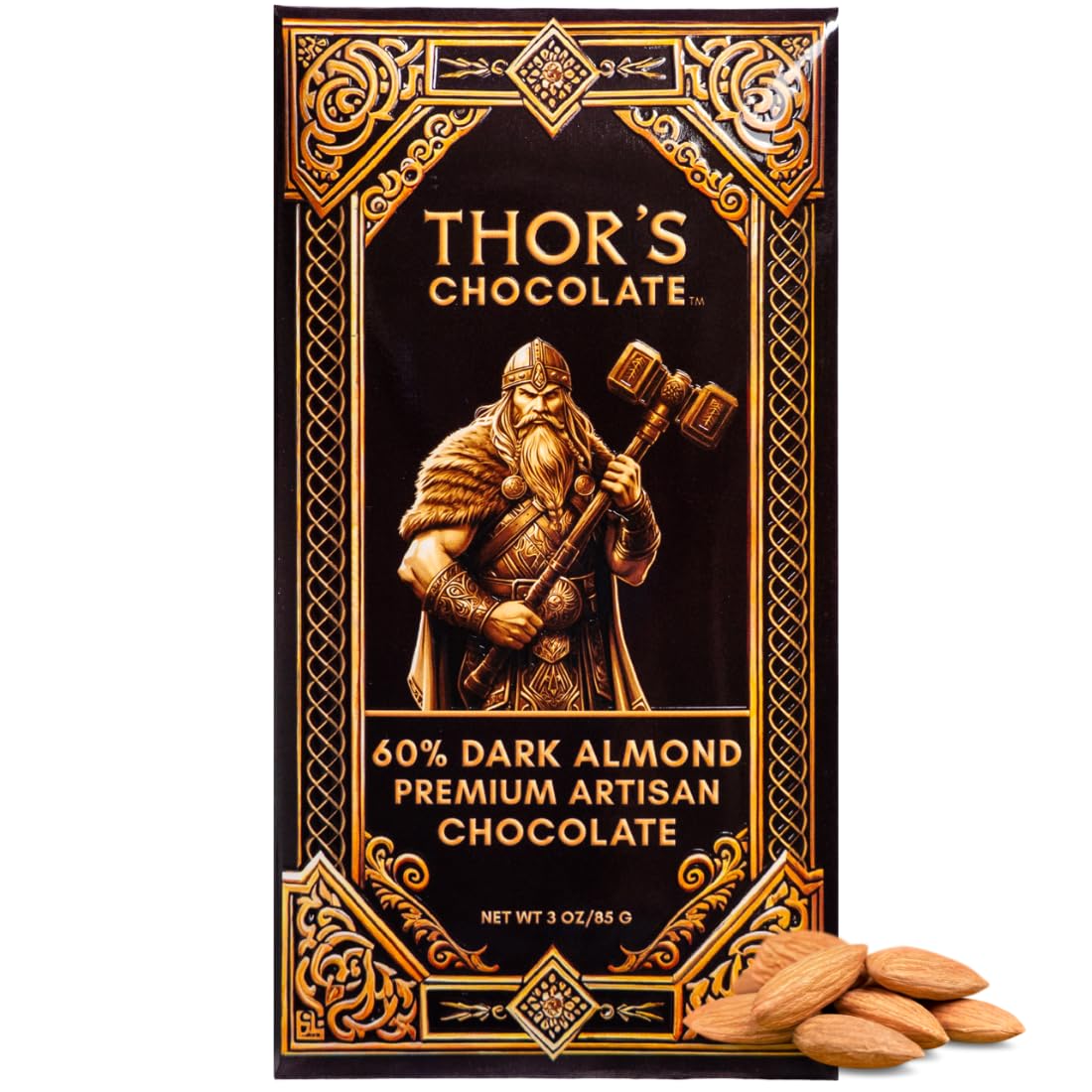 Thor's Chocolate 60% Dark Chocolate Bar with Almonds 3-Pack (3 x 3 oz) | Bean to Bar, Rich & Smooth, Crunchy Almonds, Ethically Sourced, Small Batch