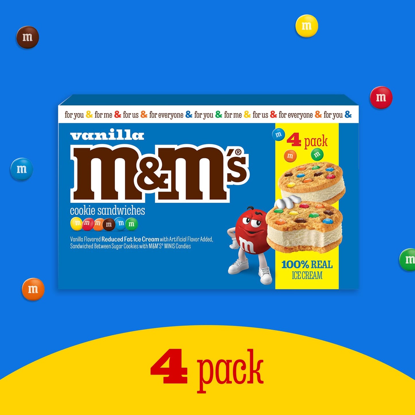 M&M'S Vanilla Ice Cream Cookie Sandwiches, Reduced Fat Vanilla Ice Cream Dessert Cookie Sandwich, 4 Pack, 4 Oz