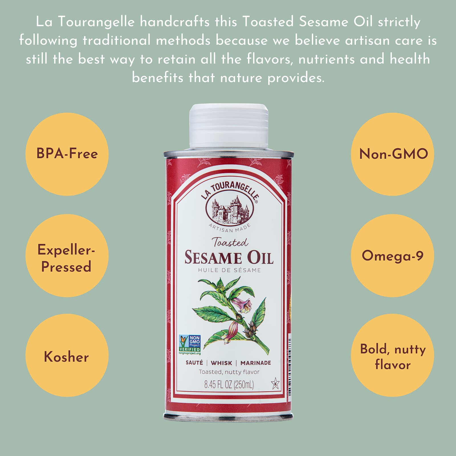 La Tourangelle, Toasted Sesame Oil, Great for Cooking, Add to Noodles, Stir-Fry, Vegetables, Vinaigrettes, and Marinades, 8.45 Fl Oz