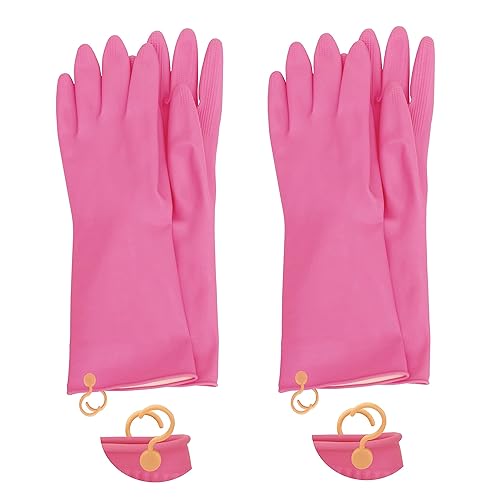 Myungjin 2 Pairs Reusable Waterproof Non-Slip Honeycomb Grip Latex Rubber Gloves with Hang-Dry Hooks/Hanging Loops for Dishwashing Household Cleaning