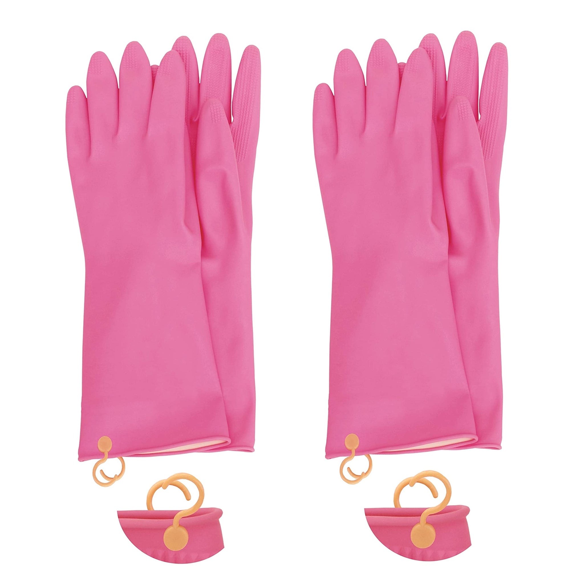 Myungjin 2 Pairs Reusable Waterproof Non-Slip Honeycomb Grip Latex Rubber Gloves with Hang-Dry Hooks/Hanging Loops for Dishwashing Household Cleaning