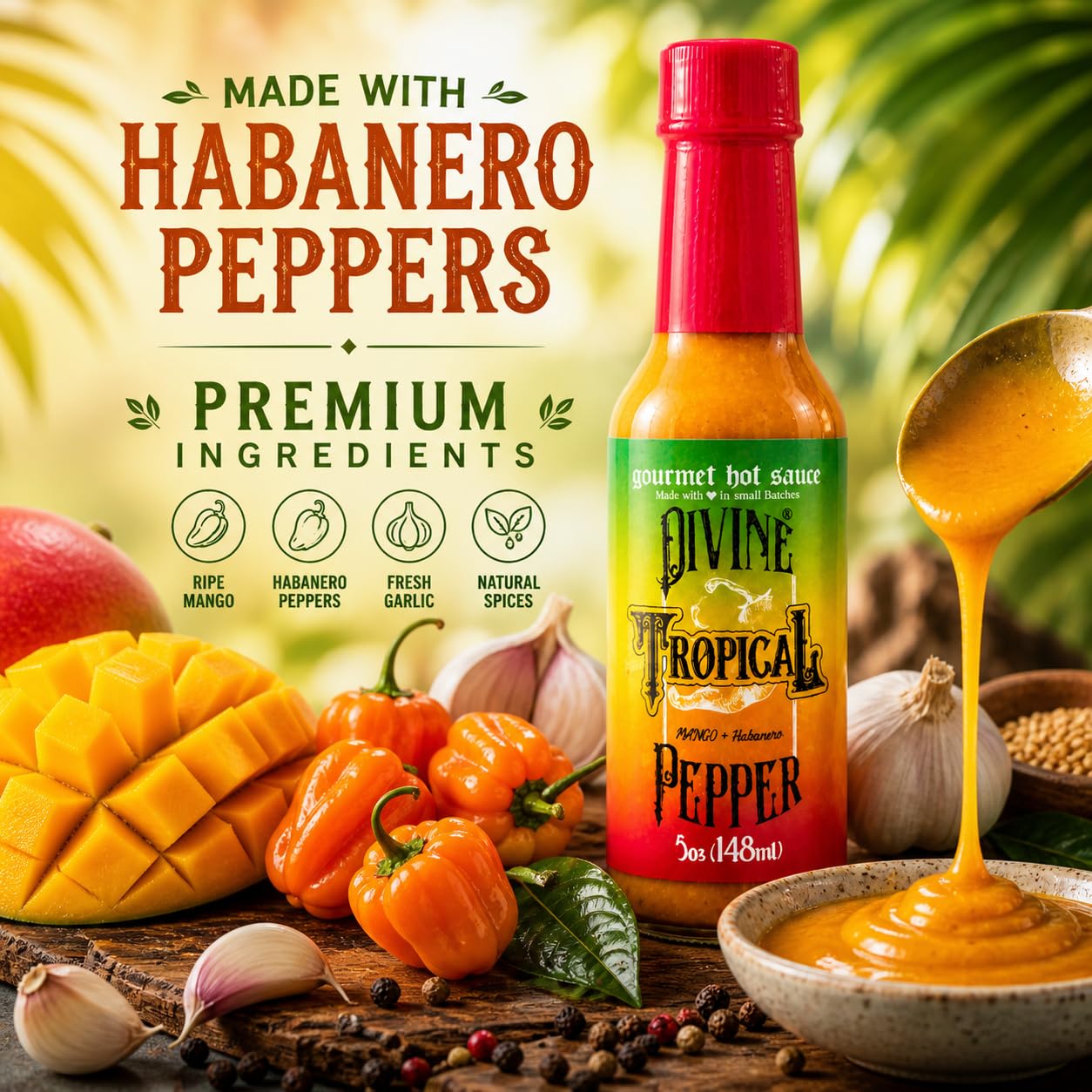 Divine Pepper Tropical Hot Sauce - Mango Habanero Pepper - Medium to Hot Heat - Small Batch Gourmet Sauce - Sweet & Spicy Flavor - Perfect for Meats