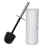 Indecor Home White Floral Design Resin Toilet Bowl Holder and Brush Set, Stylish Bathroom Cleaning Tool with Durable Bristles, Compact and Functional