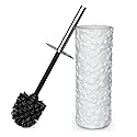 Indecor Home White Floral Design Resin Toilet Bowl Holder and Brush Set, Stylish Bathroom Cleaning Tool with Durable Bristles, Compact and Functional