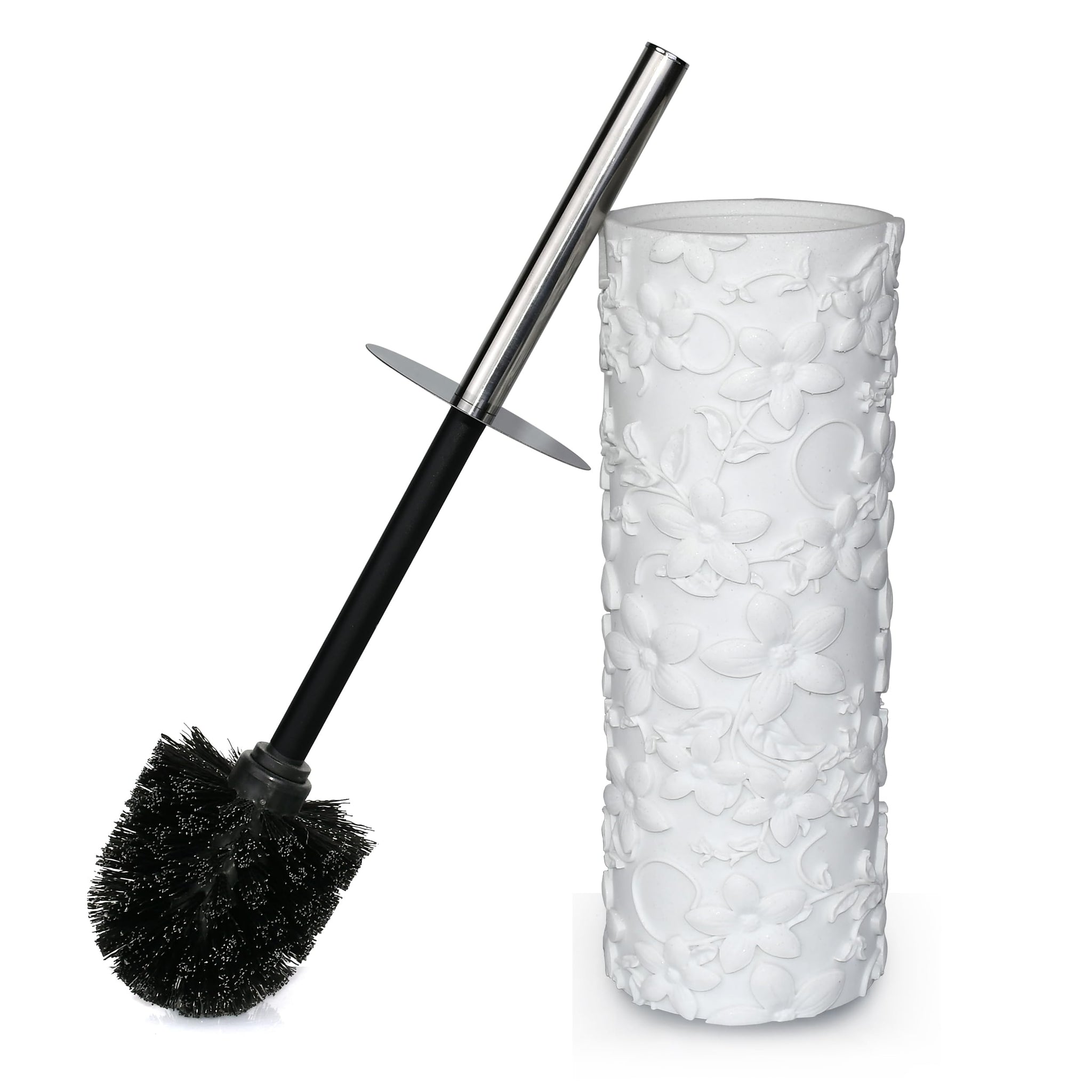 Indecor Home White Floral Design Resin Toilet Bowl Holder and Brush Set, Stylish Bathroom Cleaning Tool with Durable Bristles, Compact and Functional
