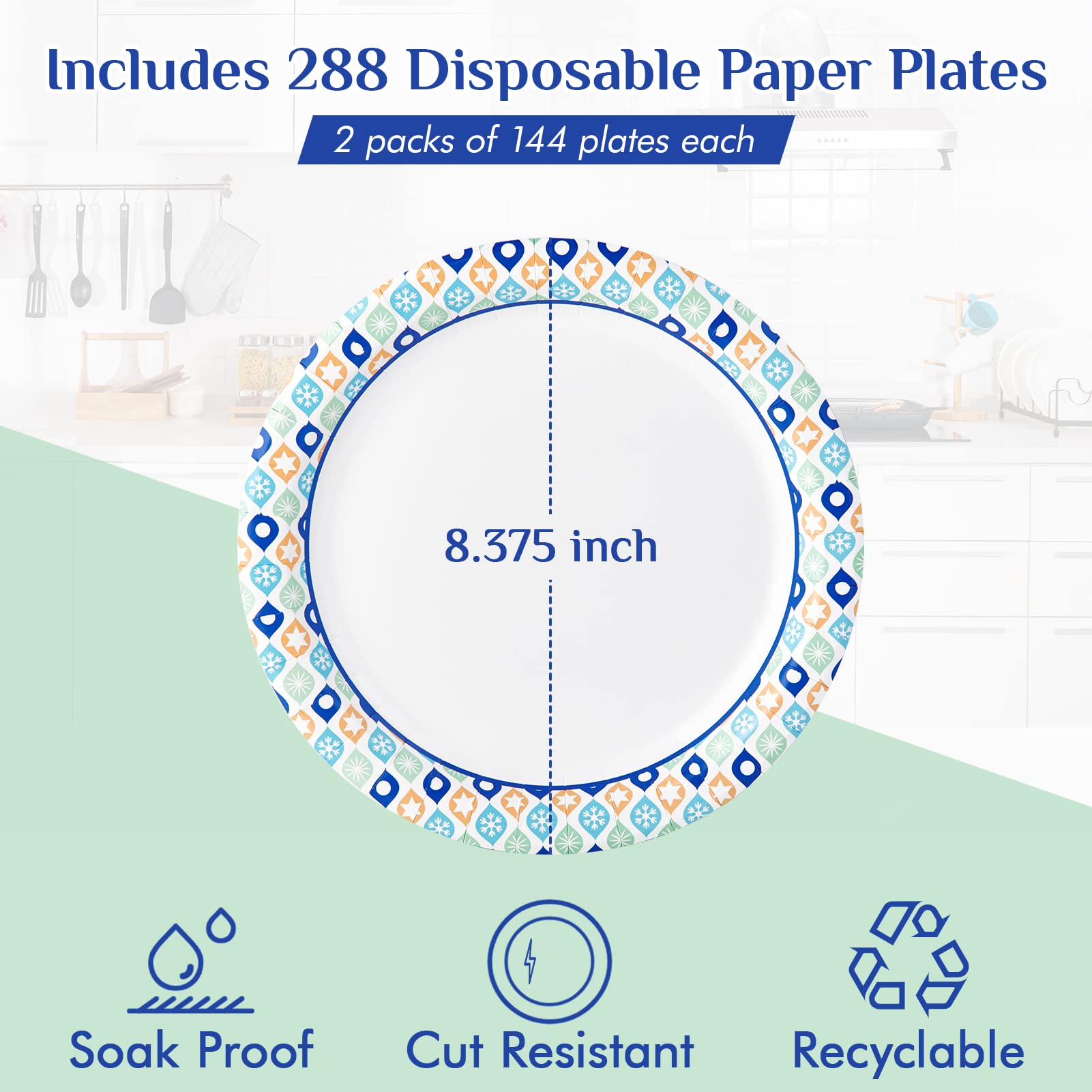 MUCHII 8.375 Inch Paper Plates, 288 Count Disposable Plates, Soak Proof and Cut, Ideal for Family Gatherings, Parties, Picnic