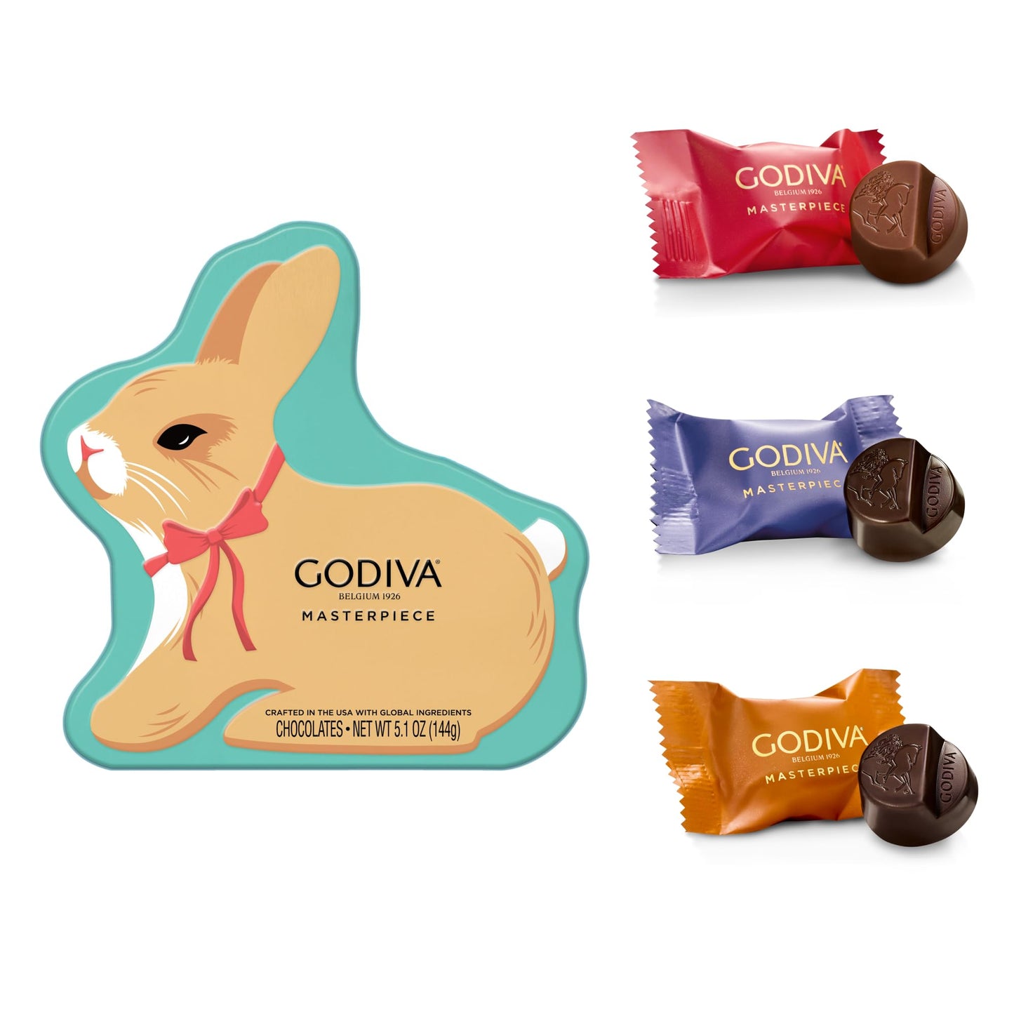 Godiva Masterpieces Easter Bunny Tin, Assorted Milk & Dark Chocolate with Ganache & Caramel, Gourmet Easter Chocolate Gifts, Kosher, 15 Pc