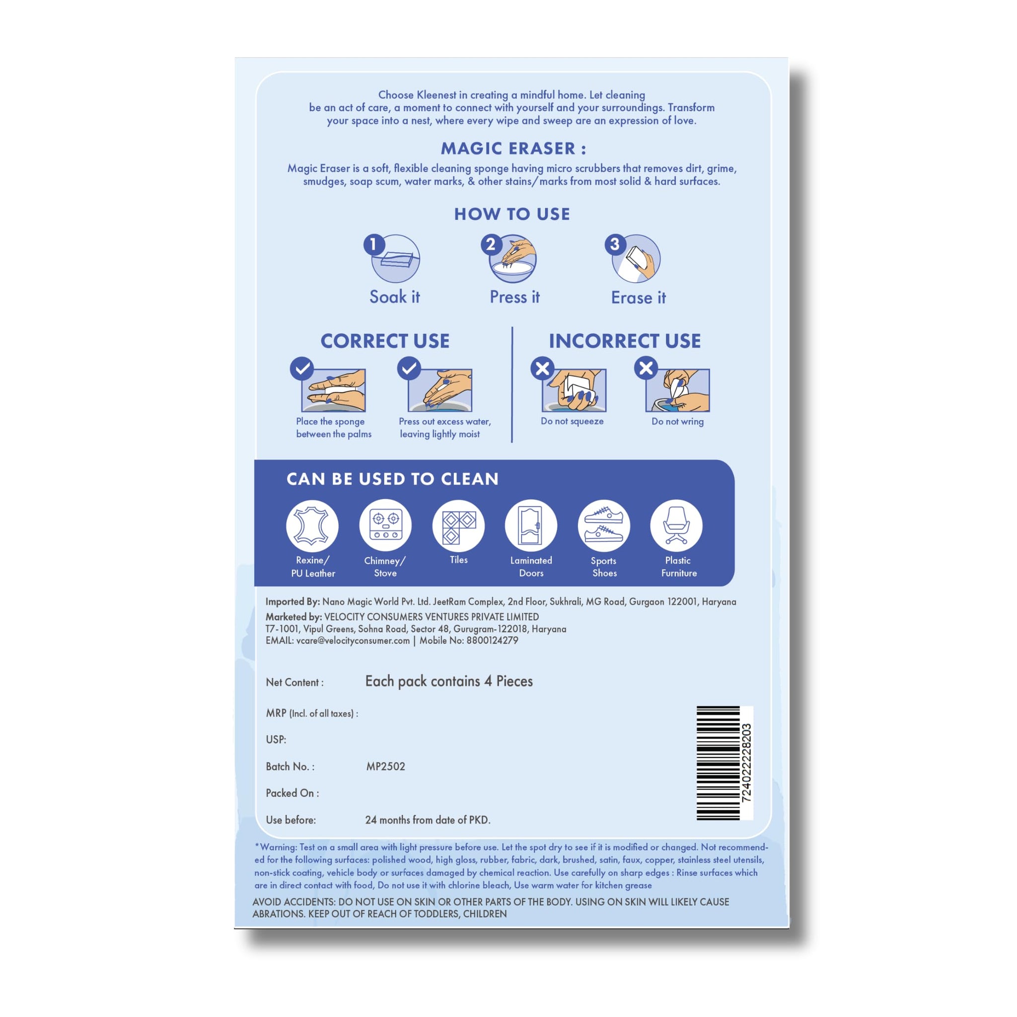 Kleenest Magic Eraser Cleaning Sponge | Pack of 4 | Chemical-Free, Multi-Purpose Wipe for Effortless Cleaning of Kitchen, Bathroom, Walls, Shoes