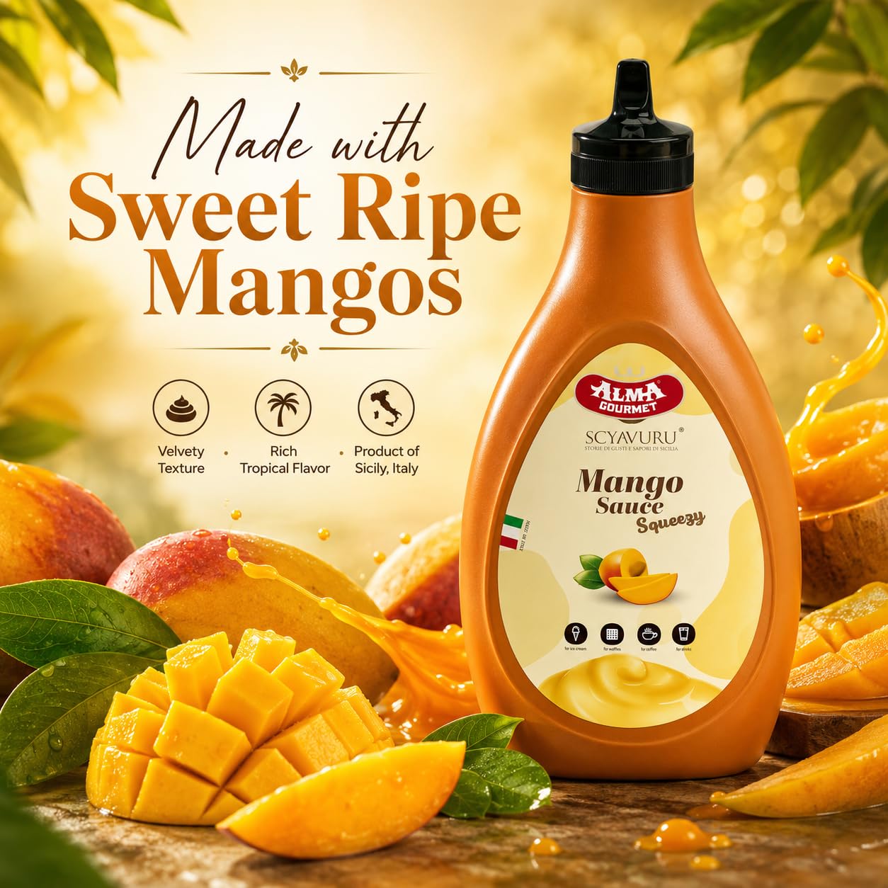 Alma Gourmet Mango Topping Sauce 17.6oz (500g) - Premium Italian Mango Fruit Syrup & Dessert Topping for Ice Cream, Gelato, Pancakes, Waffles, Crepes