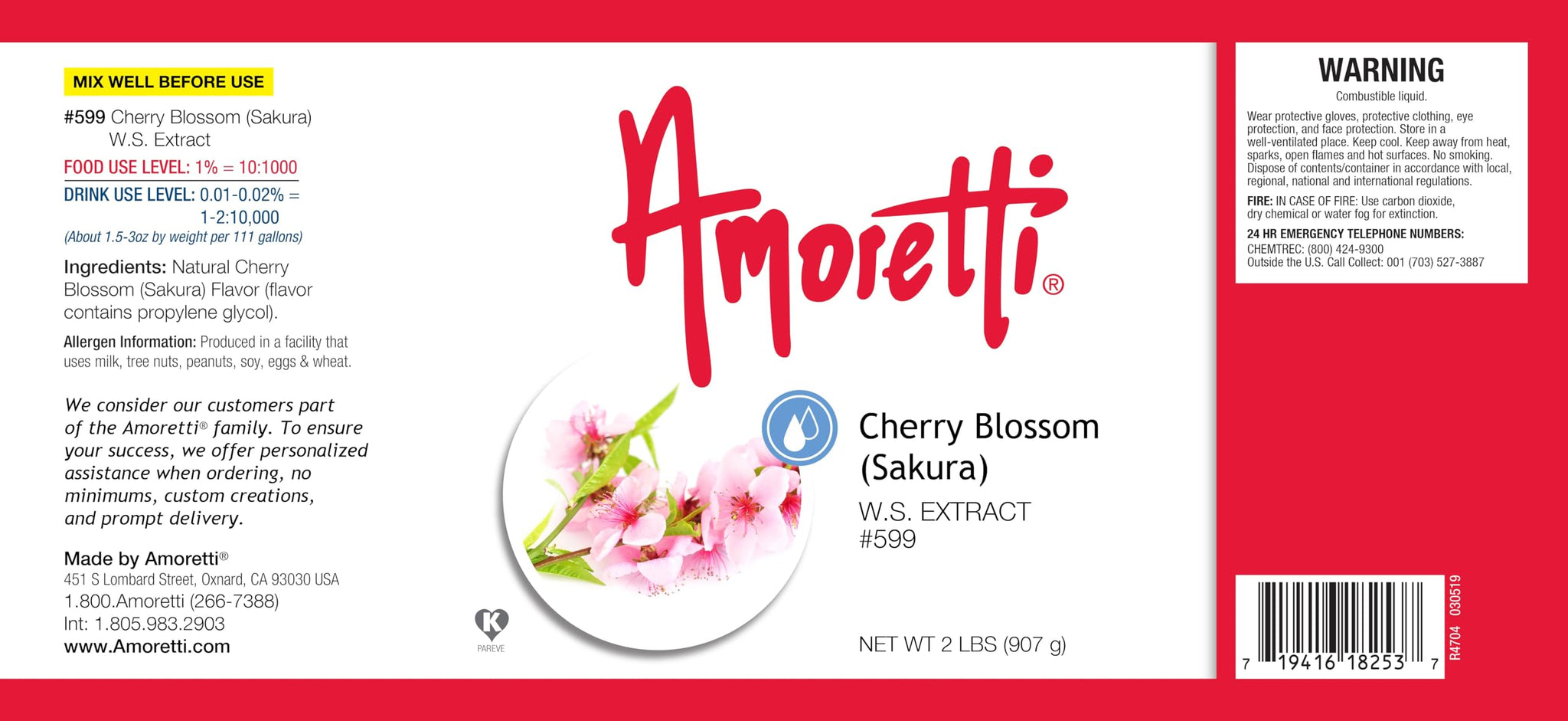 Amoretti - Cherry Blossom Extract Water Soluble 2 oz - Highly Concentrated & Perfect For Pastry, Savory, Brewing, and more, Preservative Free, Vegan